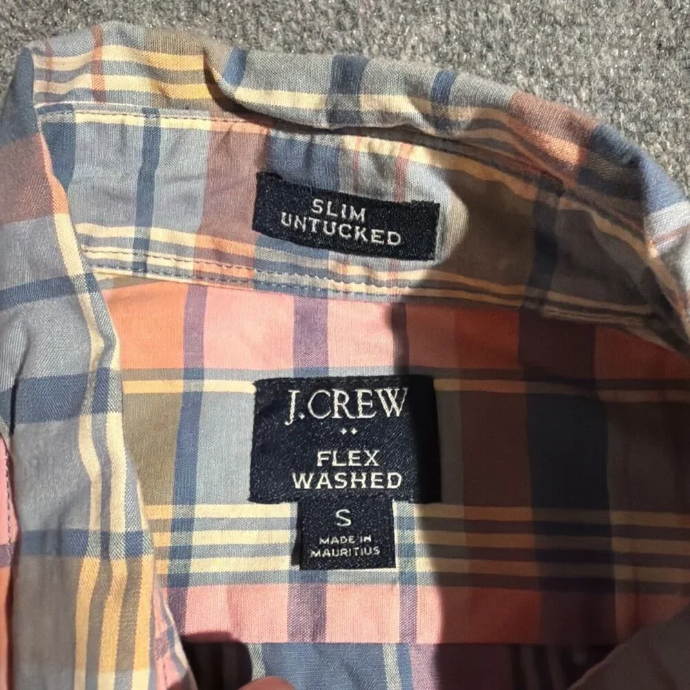 J Crew Shirt Mens Small Pink Plaid Slim Untucked Button Down Flex Washed